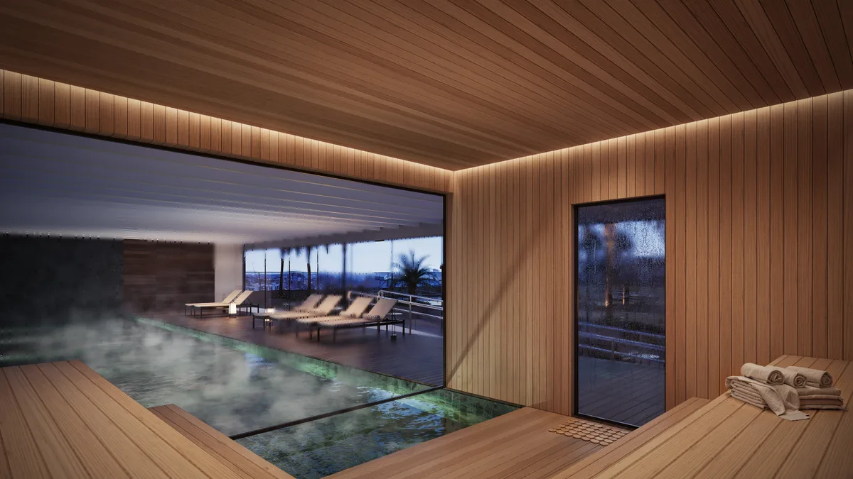 Sauna do High Tower com vista para a piscina coberta