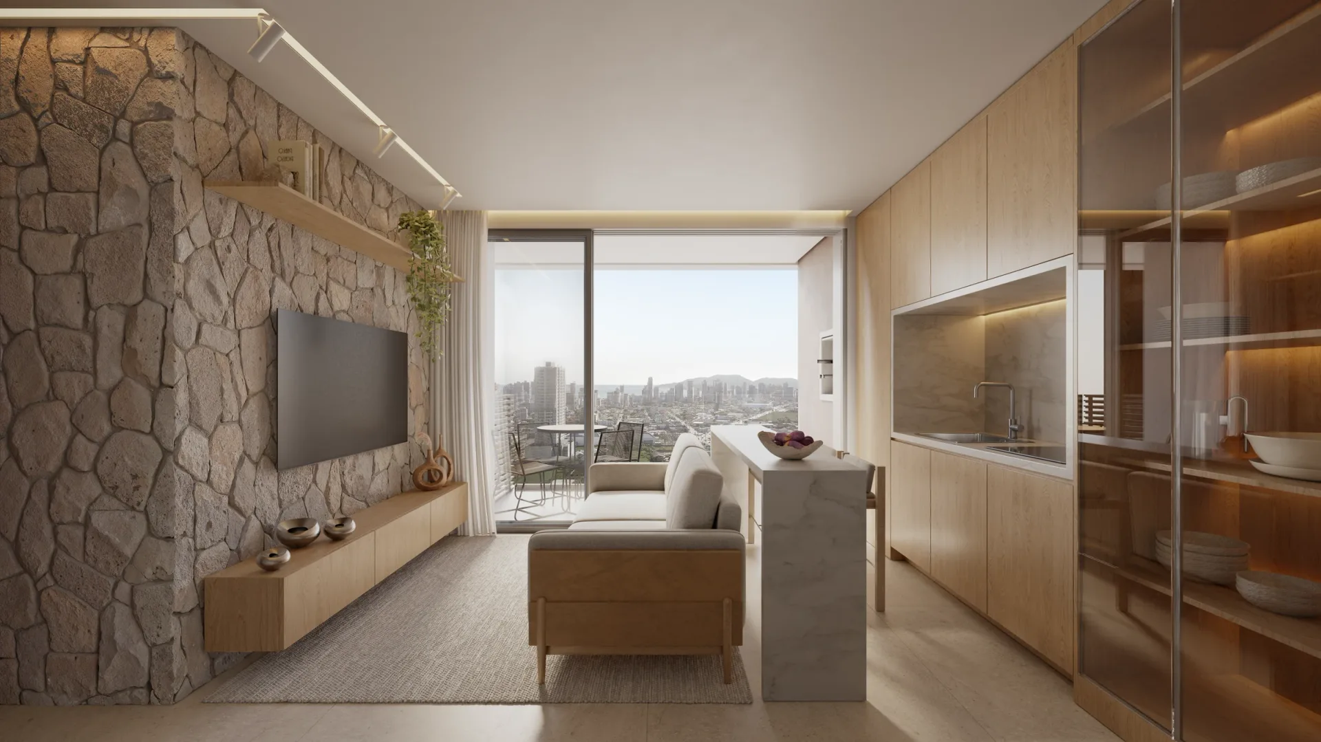 Living de um apartamento do Isla Residencial Clube
