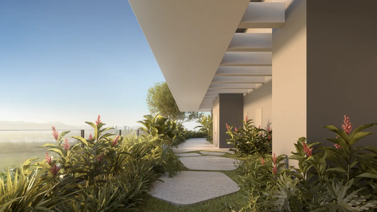 Jardim contemplativo do rooftop do Isla Residencial Clube