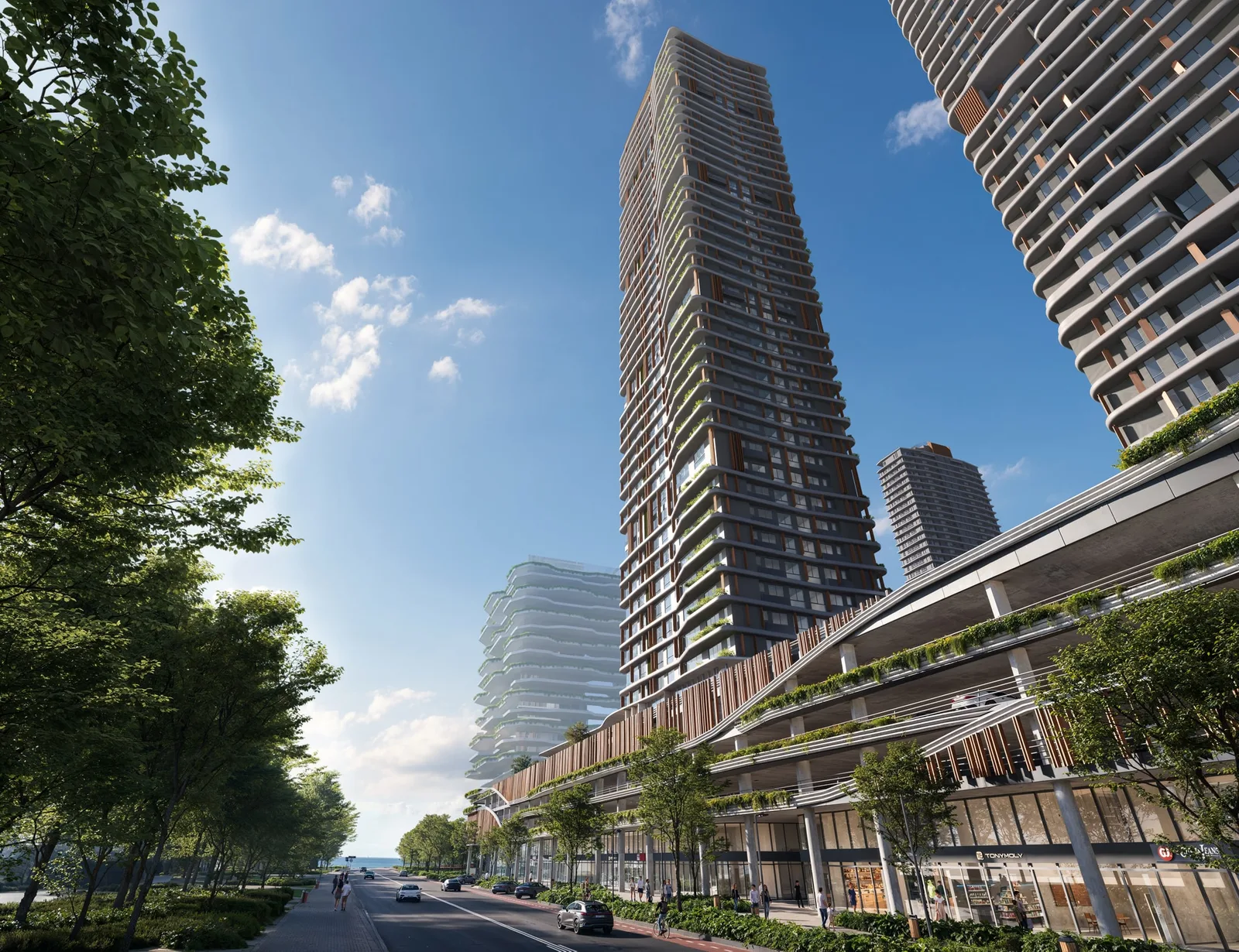 Torre do Lagom Perequê vista da avenida, com a fachada biofílica