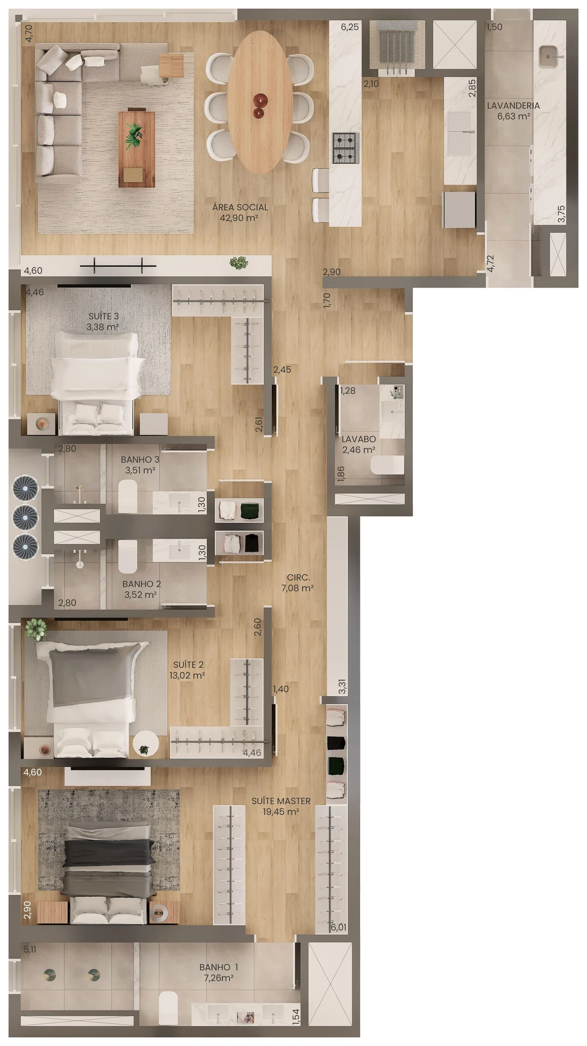 Planta humanizada do Tipo 01 da Torre B1, 144,09 m²