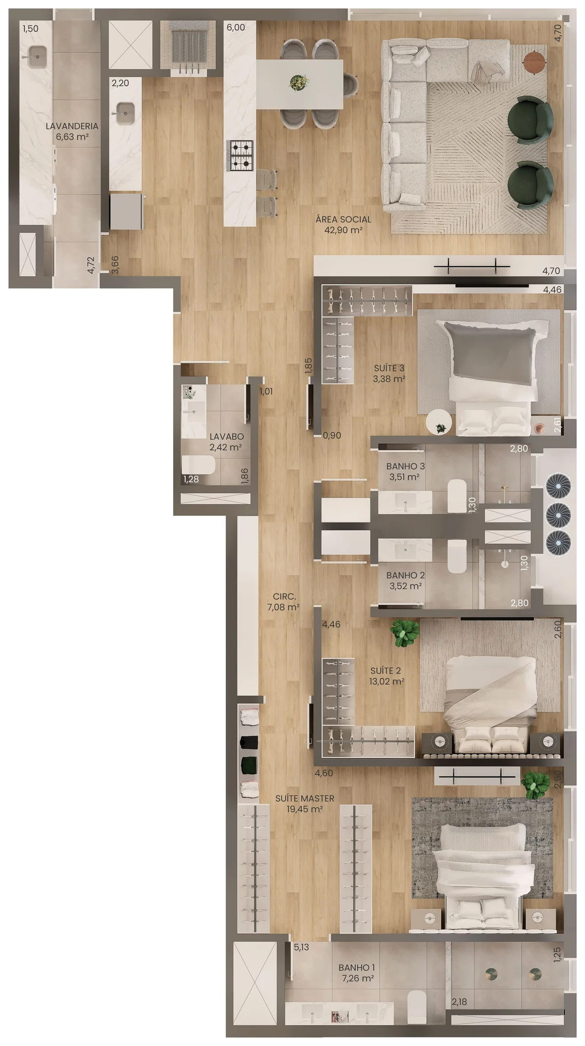 Planta humanizada do Tipo 02 da Torre B1, 144,03 m²
