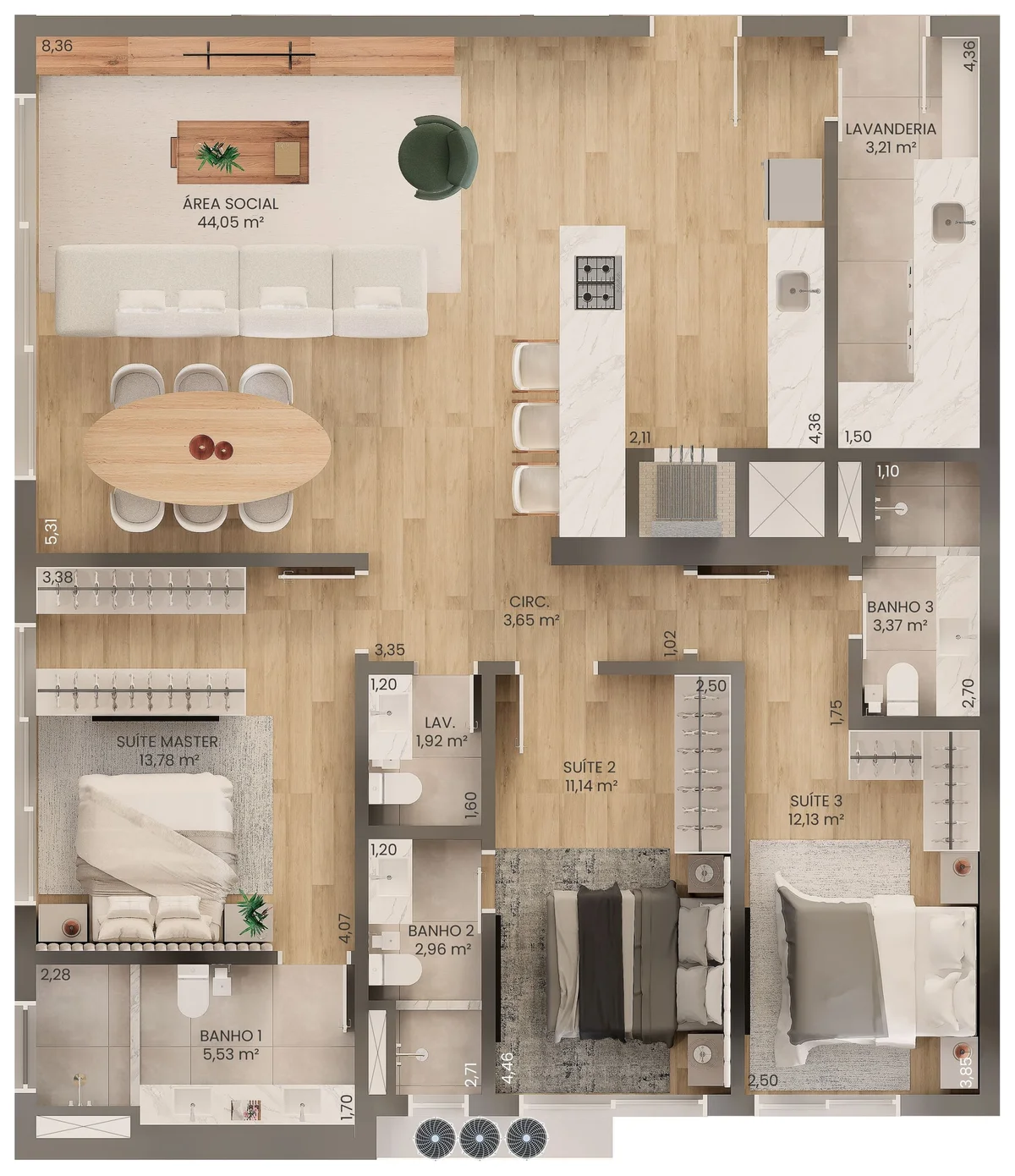 Planta humanizada do Tipo 03 da Torre B1, 123,66 m²