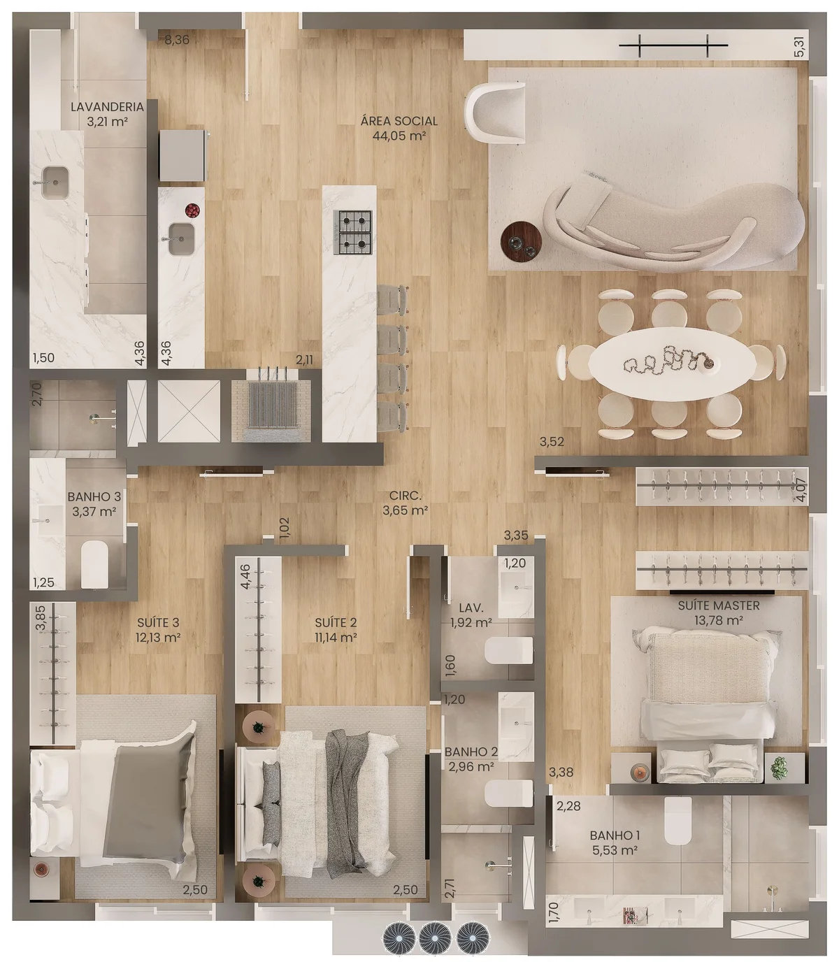 Planta humanizada do Tipo 04 da Torre B1, 123,61 m²