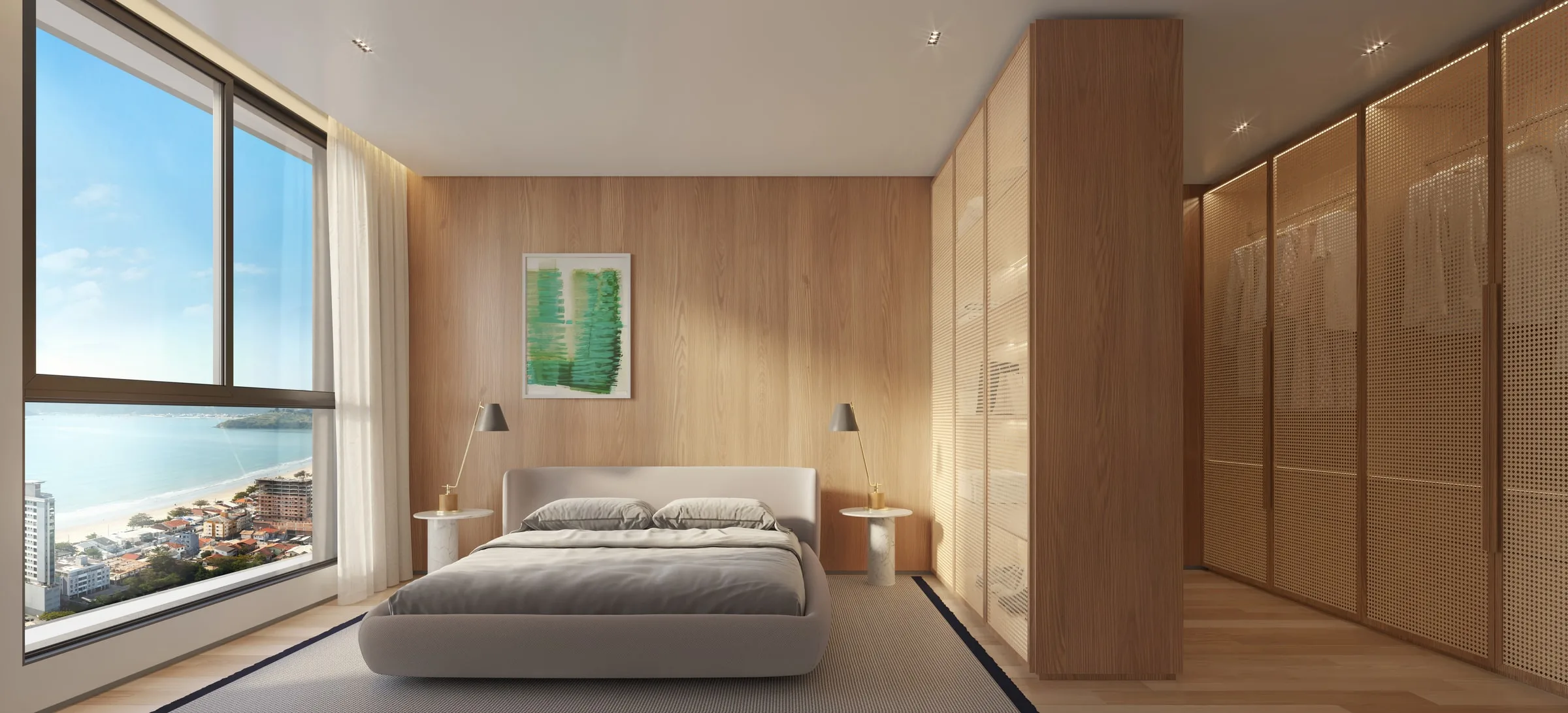 Suíte master de um apartamento da Torre B1, com vista para o mar