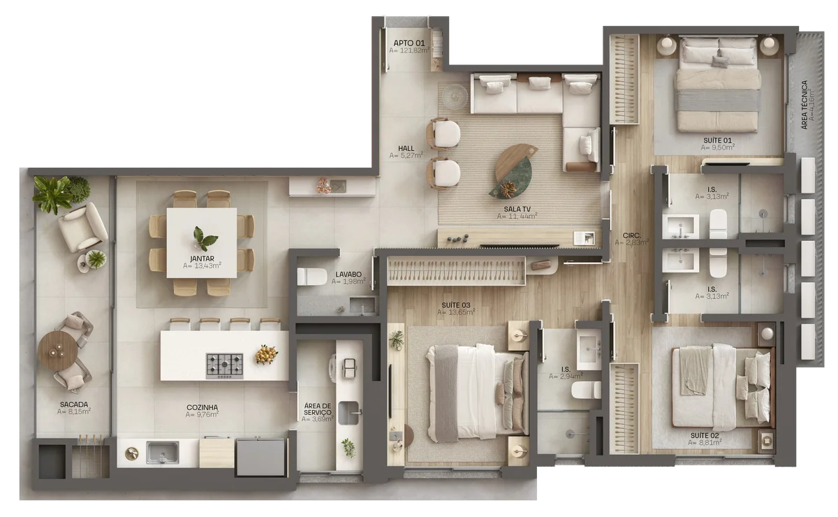 Planta humanizada do apartamento tipo 1, 3 suítes, 121,82 m²