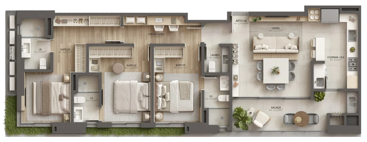 Planta humanizada do apartamento tipo 2, 3 suítes, 124,44 m²