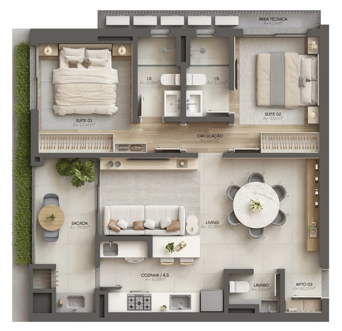 Planta humanizada do apartamento tipo 3, 2 suítes, 88,02 m²