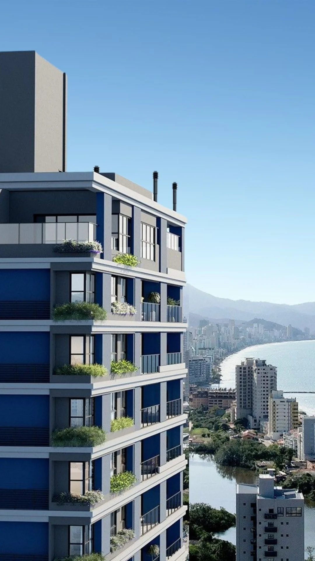 Fachada do lançamento no Balneário Perequê com a orla de Porto Belo ao fundo